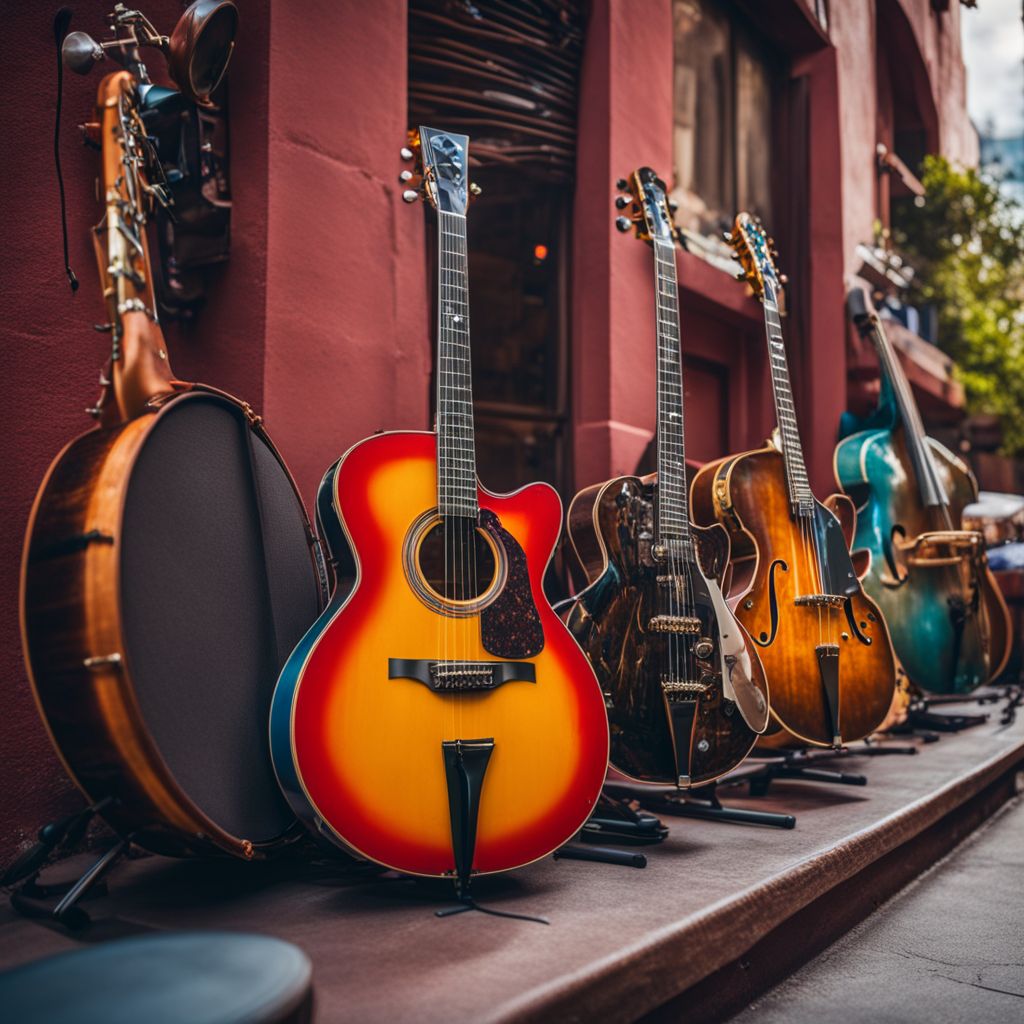 Colorful musical instruments on stage in iconic city landscapes.
