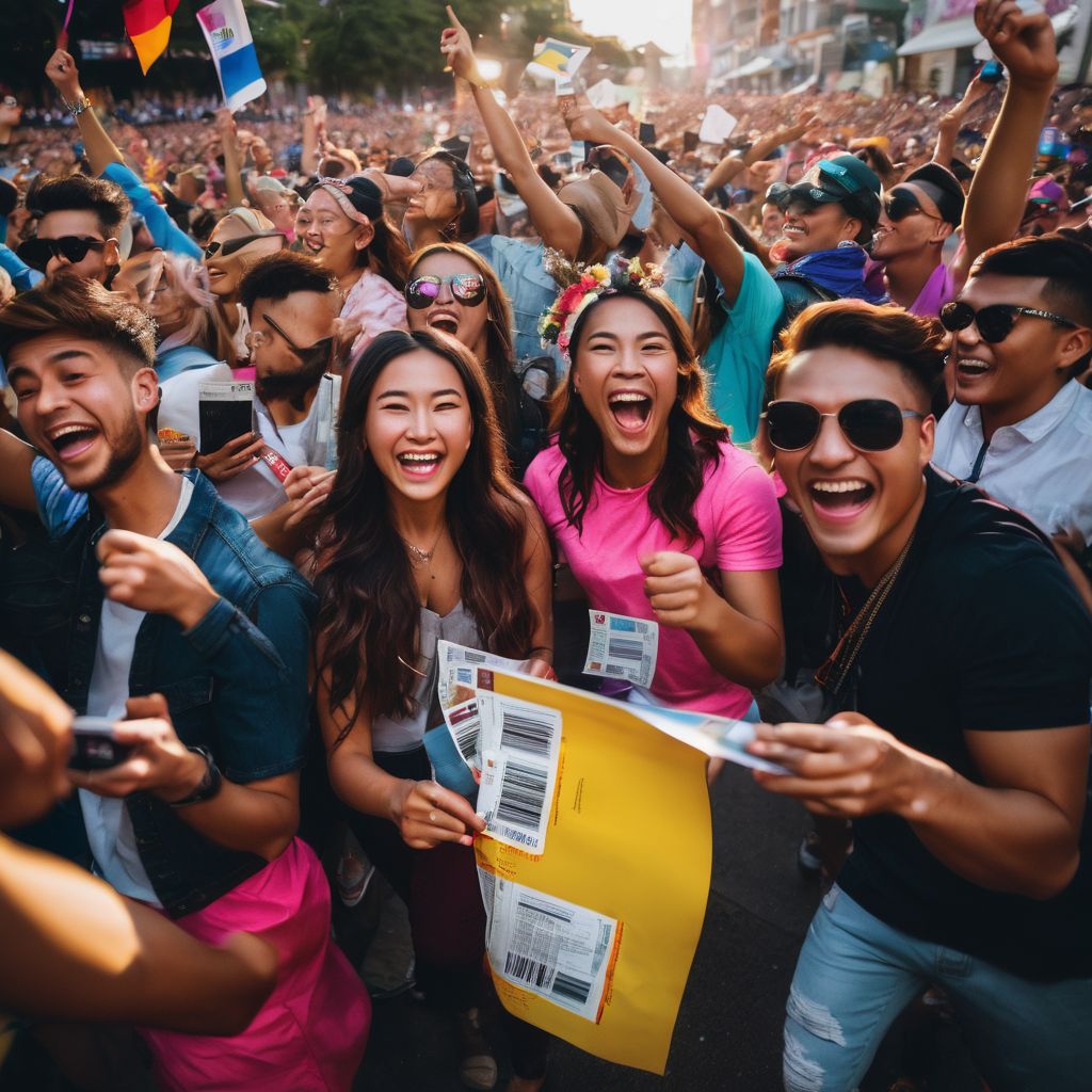 Excited concert-goers holding Peso Pluma tickets surrounded by colorful event banners.