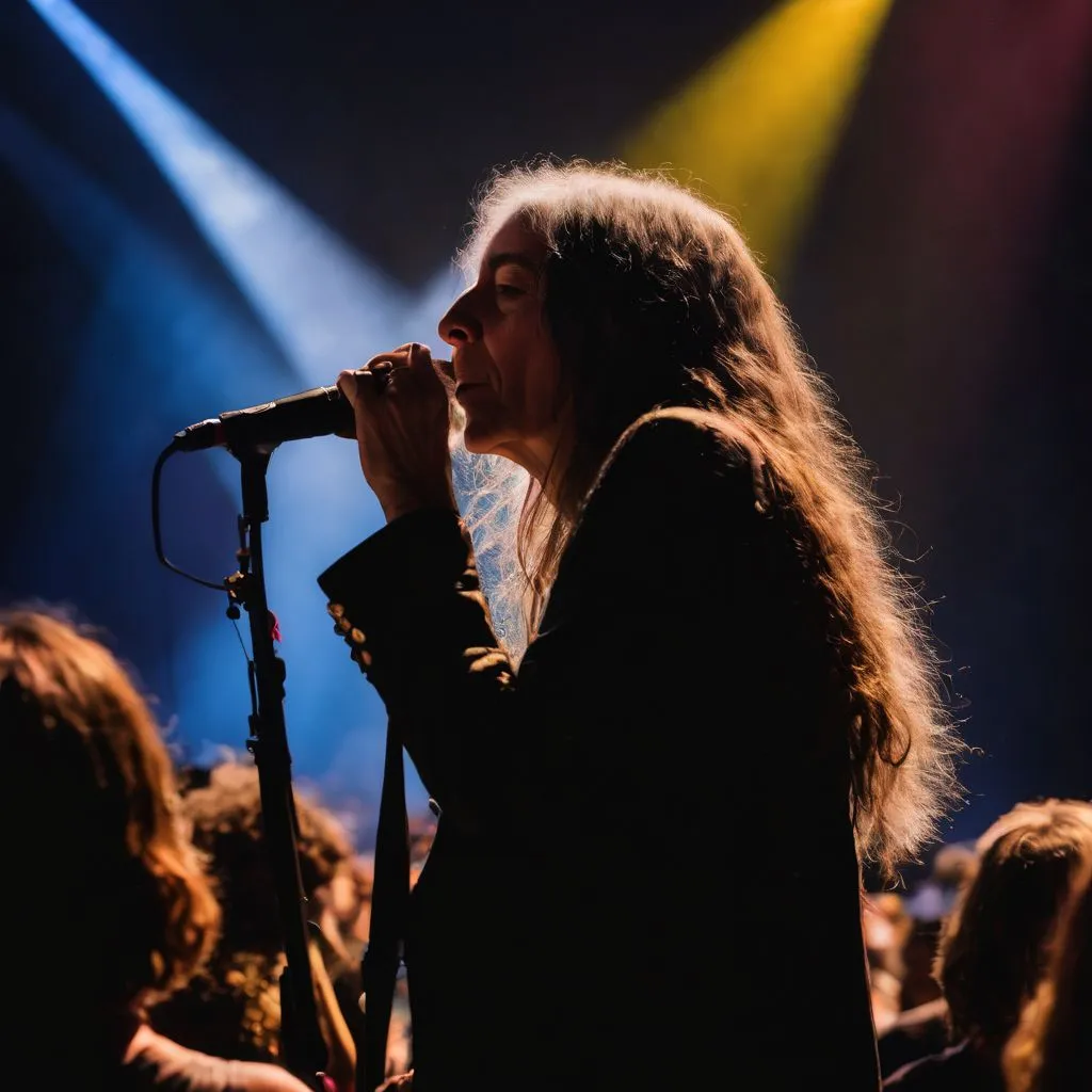 A diverse crowd at a Patti Smith concert captured in vivid detail.