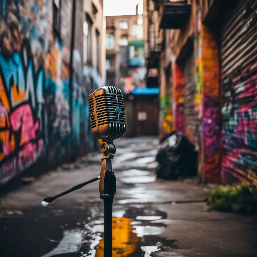 A vintage microphone in a graffiti-covered city alleyway.