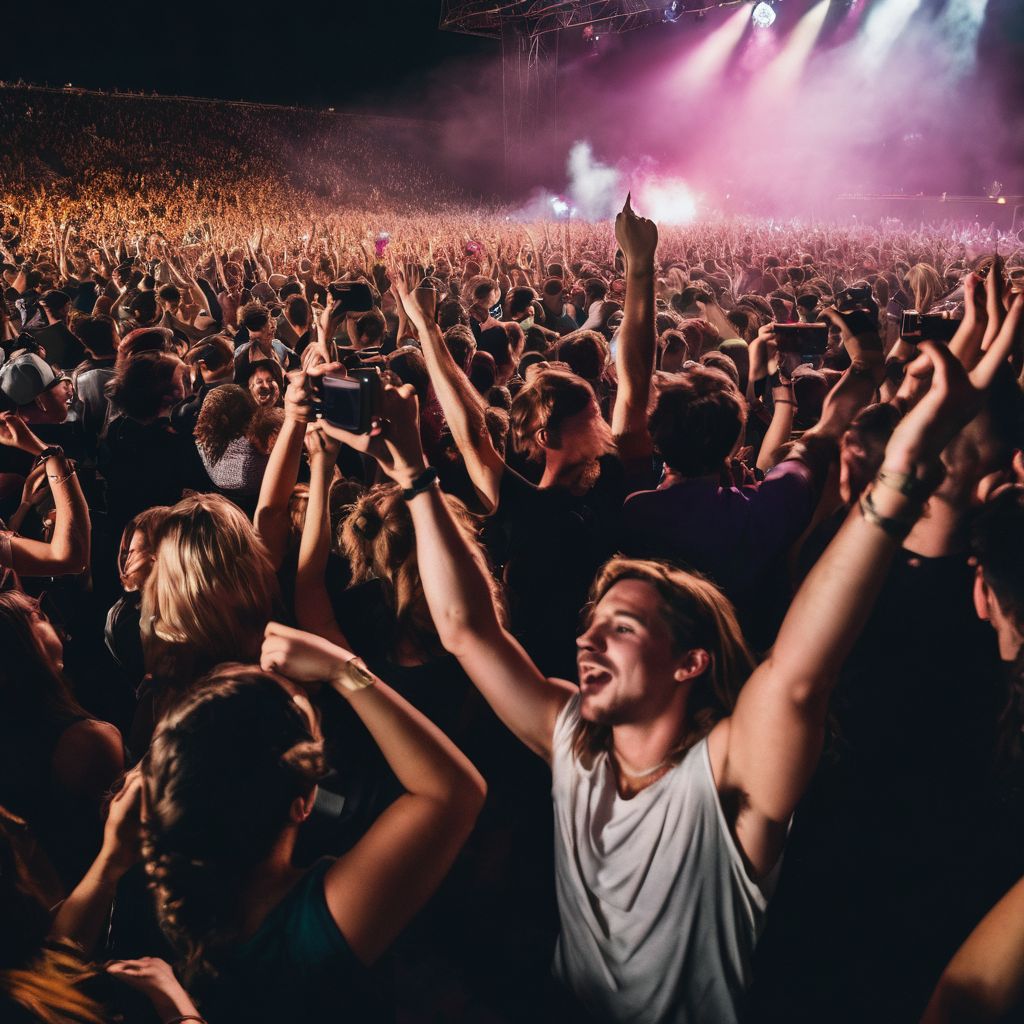 Passionate fans at a Portugal The Man concert, singing and raising hands.