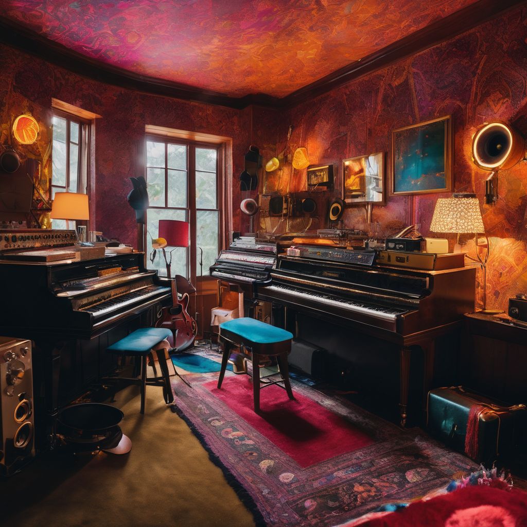 Portugal The Man's musical instruments in a vibrant room.