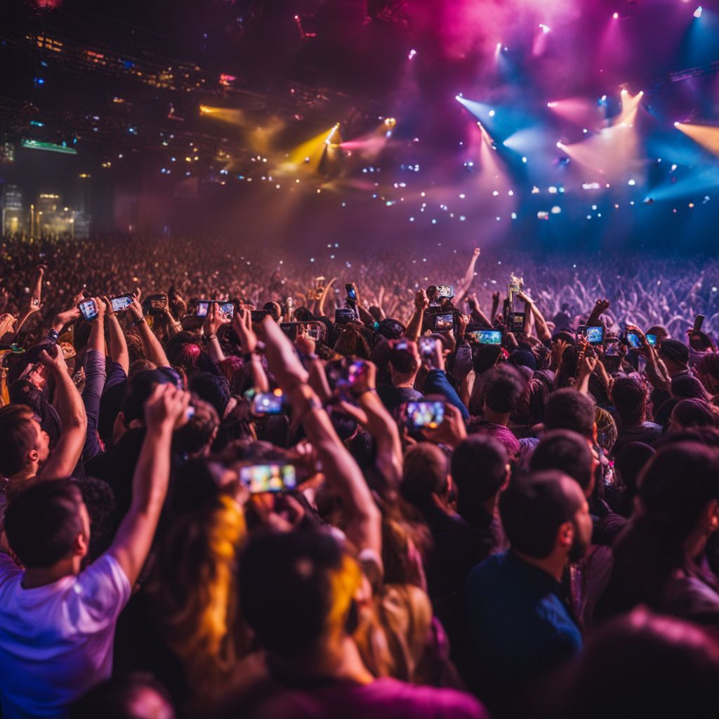 A diverse crowd of fans cheering together at a live event.