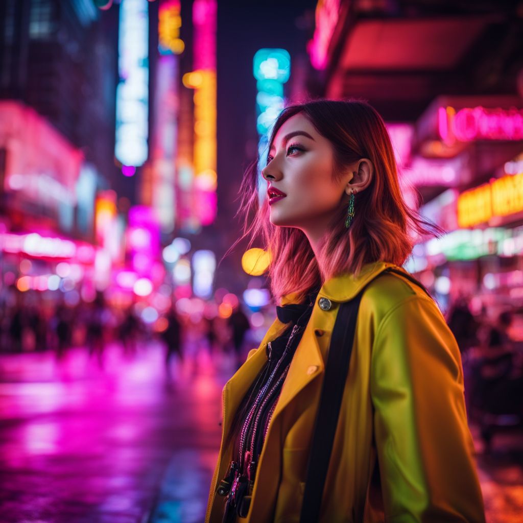 Vibrant neon-lit cityscape with diverse people in various outfits.