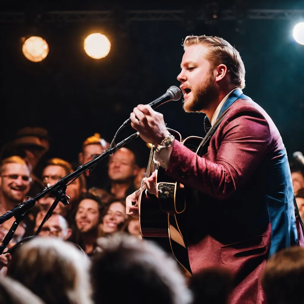 Paul Cauthen performing on a grand stage with a diverse audience.