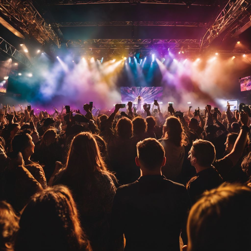 A lively crowd singing along at a concert with vibrant stage lights.