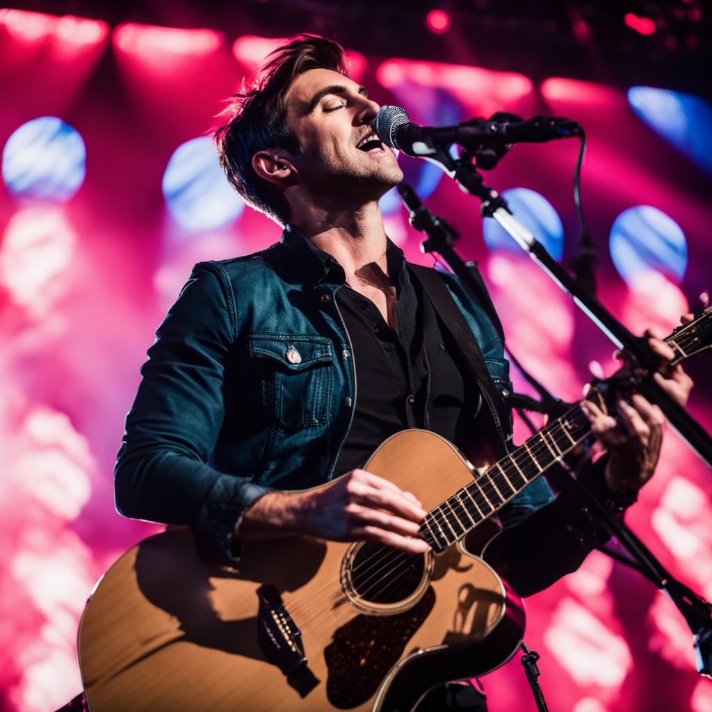 Phil Wickham performing live on stage with vibrant concert lights.