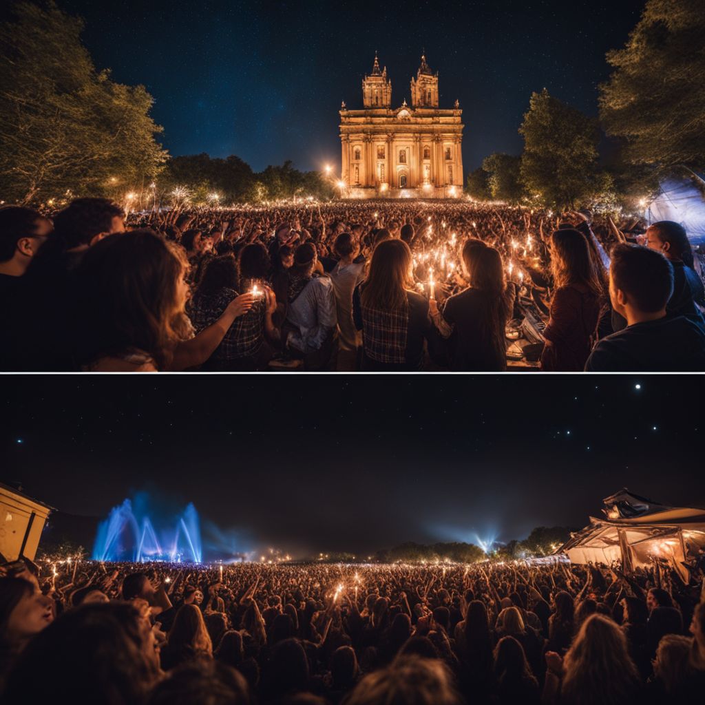 Fans holding lit candles and singing along with Phil Wickham under a starry night sky.