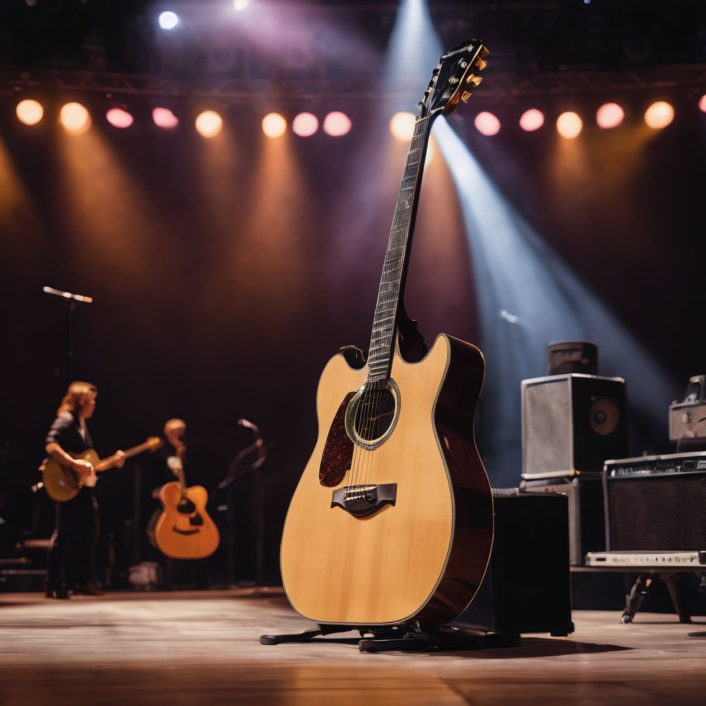 A guitar resting on a stage in front of towering speakers.