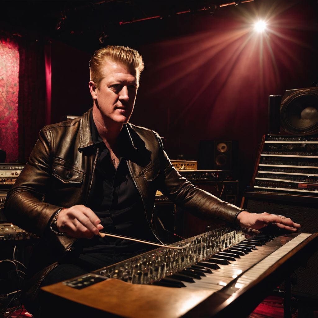 Josh Homme posing with vintage music equipment in a studio setting.