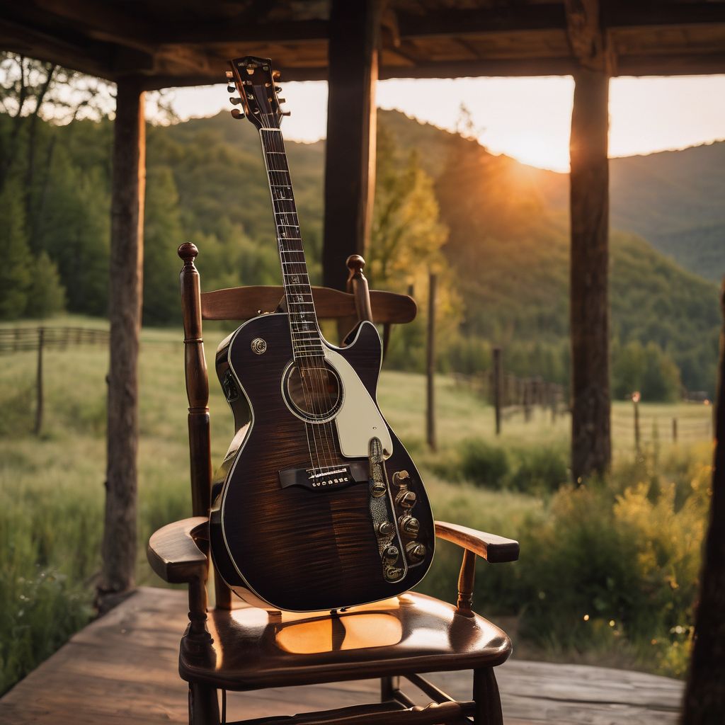 A photo of Riley Green's guitar surrounded by vintage country music memorabilia.