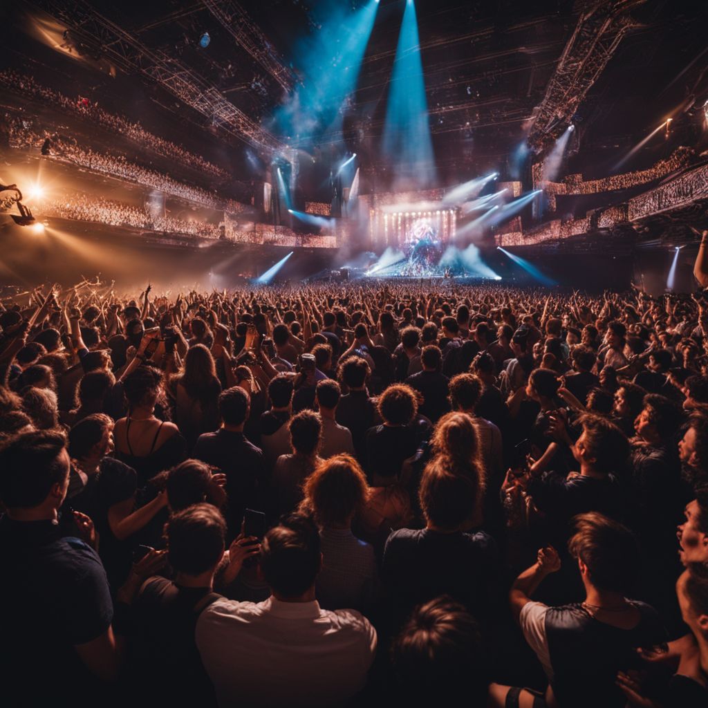 A crowded concert venue filled with enthusiastic fans enjoying live music.