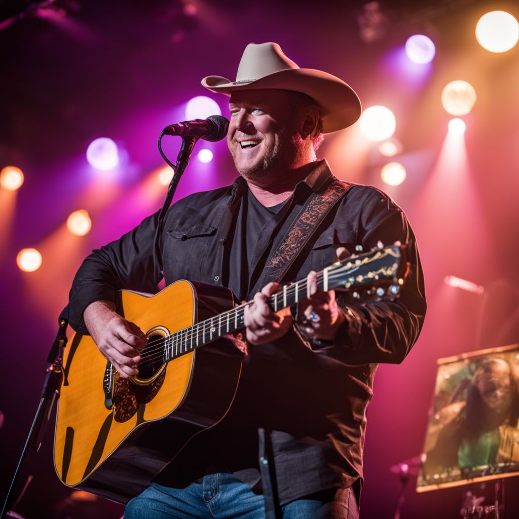 Rodney Carrington performing stand-up comedy with a guitar on stage.