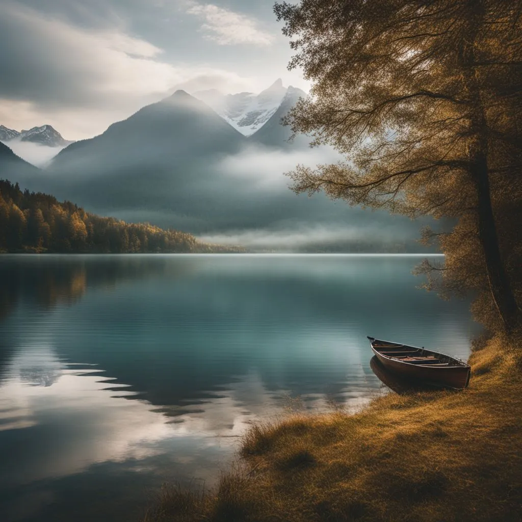 A peaceful lakeside scene with a lone boat surrounded by misty mountains.