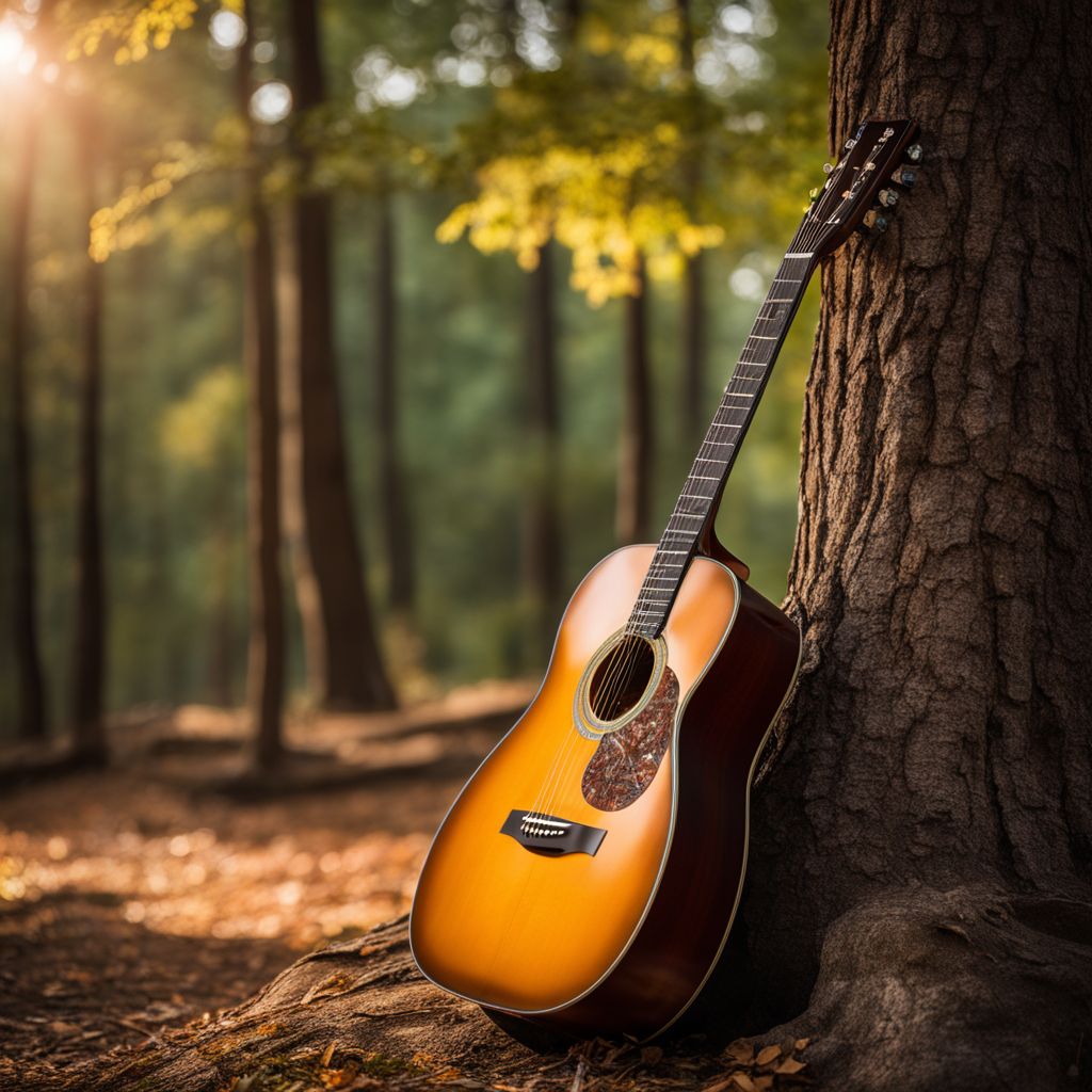 An acoustic guitar leaning against a tree in a peaceful forest.