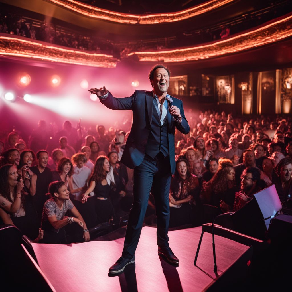 Rob Schneider performing stand-up comedy in a packed theater.