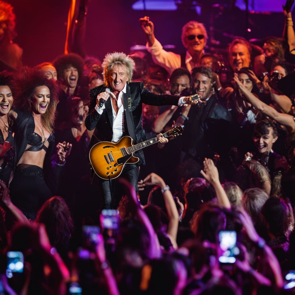 'Rod Stewart performing on stage in front of a lively concert crowd.'