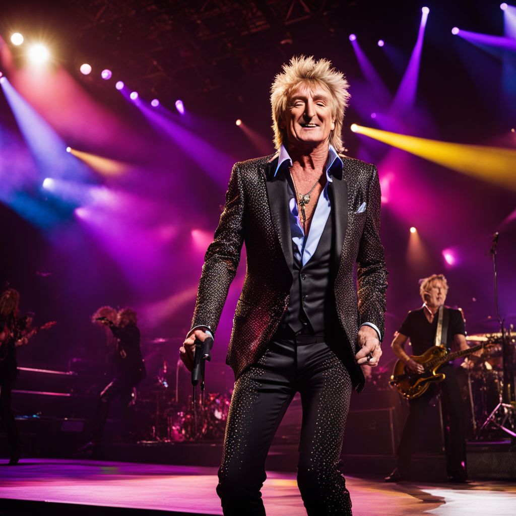 A photo of Rod Stewart performing on stage in front of a lively crowd.