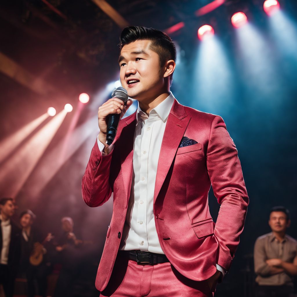 Ronny Chieng performing stand-up comedy on stage with a diverse audience.