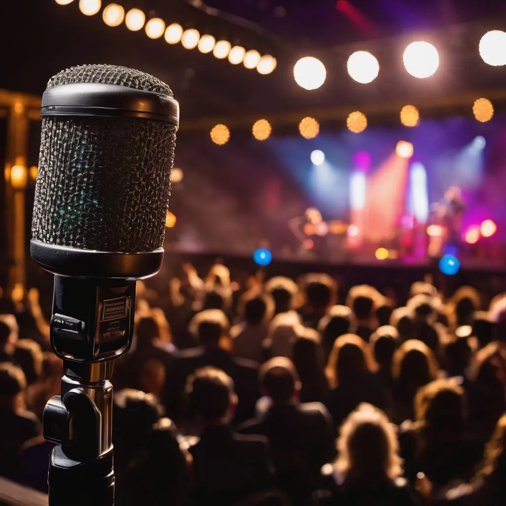 A vintage microphone on a well-lit stage with a bustling atmosphere.