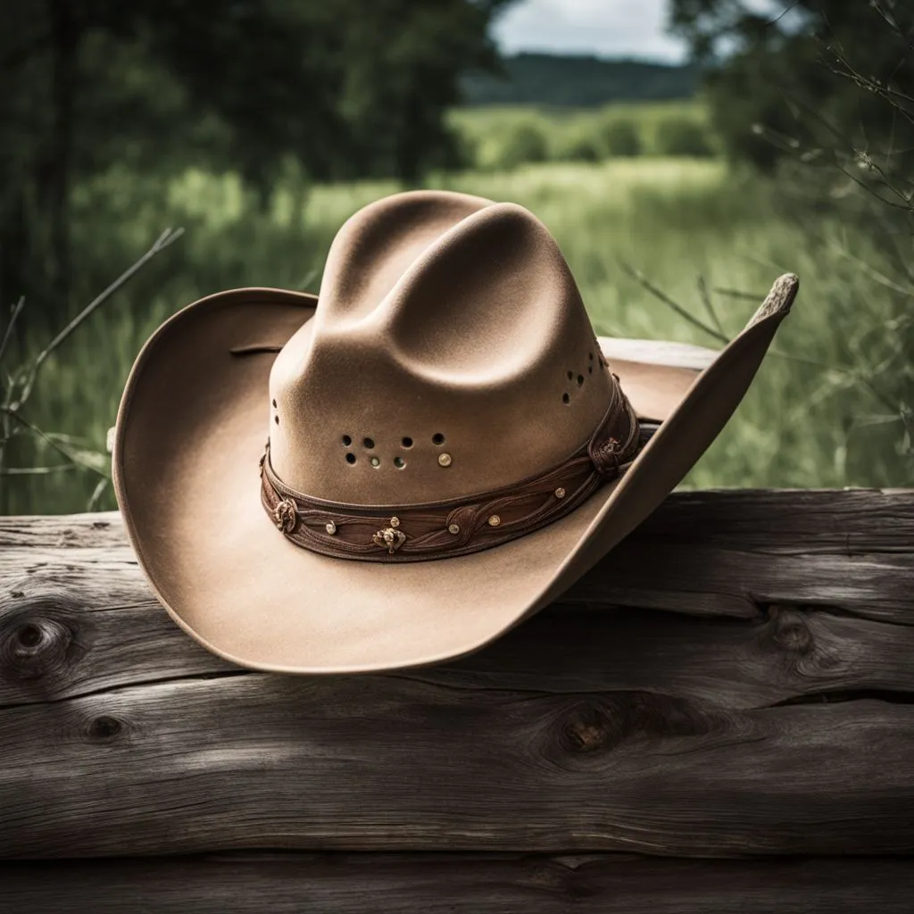 A rustic cowboy hat resting on a weathered wooden fence in rural Texas.