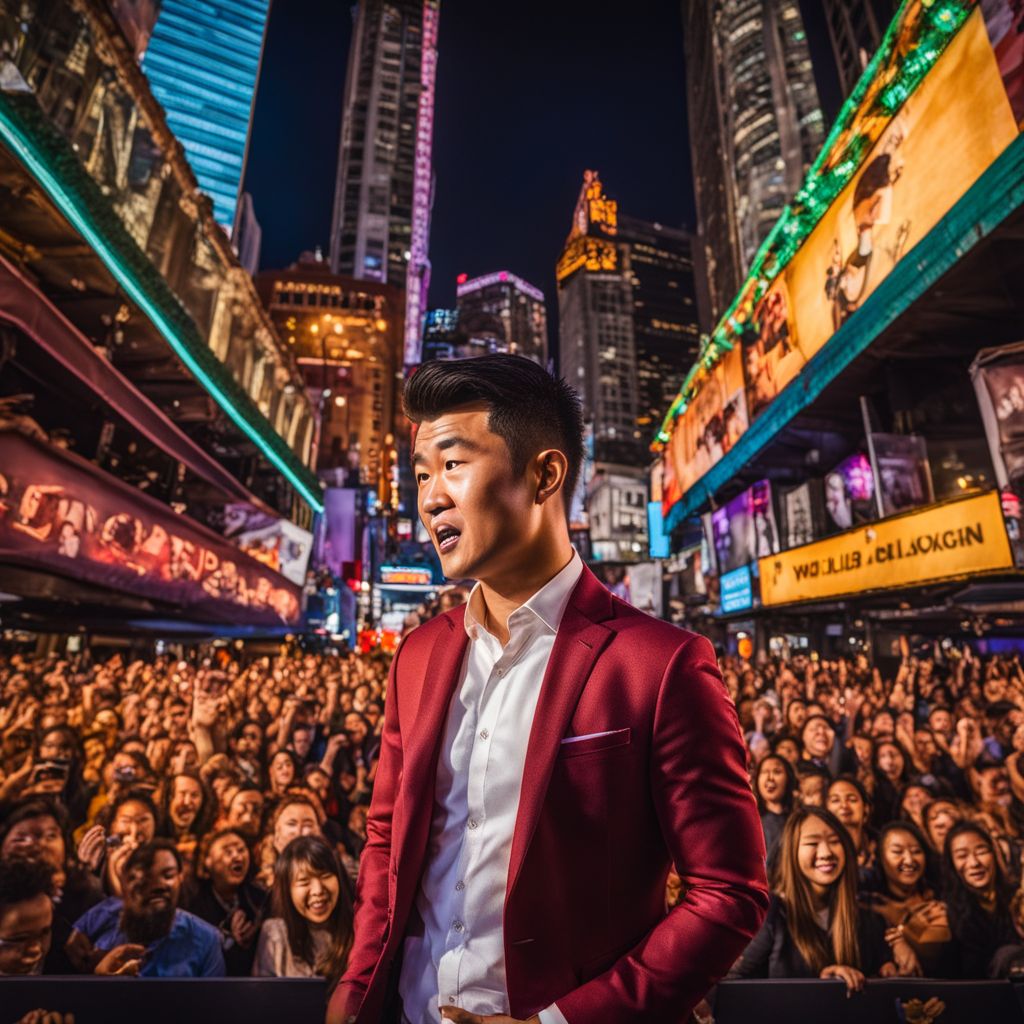 Ronny Chieng performing stand-up comedy on a vibrant city stage.