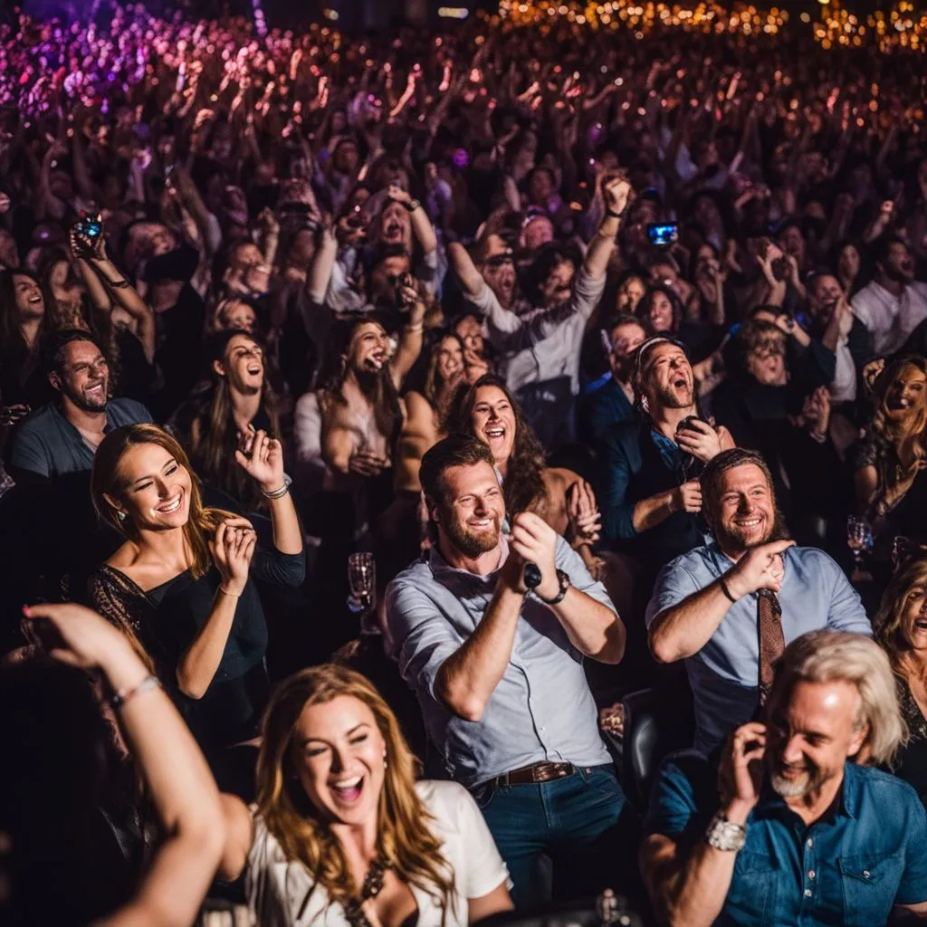 A crowd cheering at a Ron White comedy show.