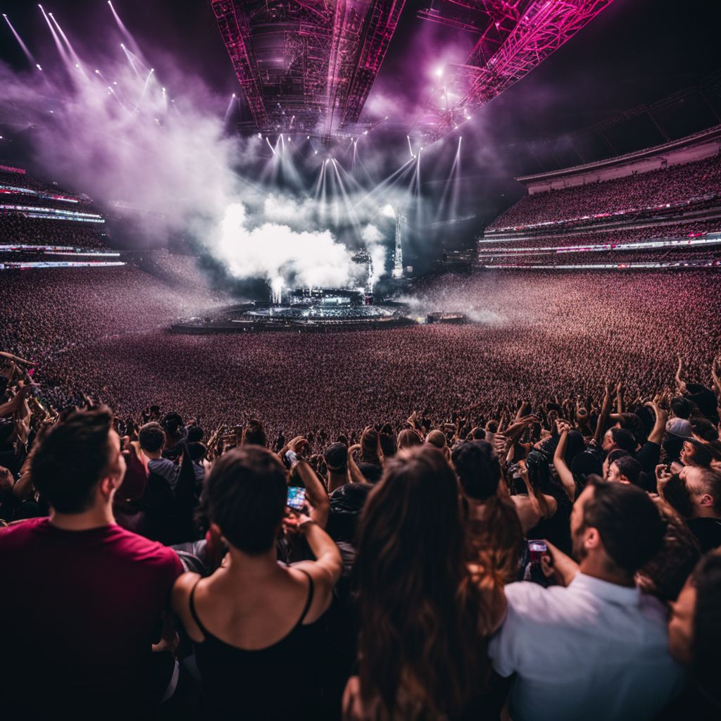 A packed stadium during a lively Maroon 5 concert with cheering fans.