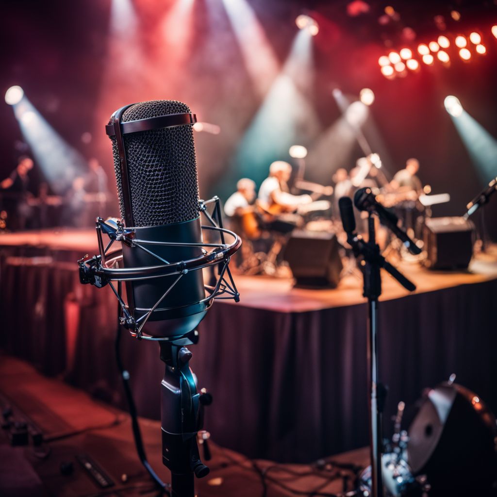 A vintage microphone surrounded by musical instruments on stage during a concert.