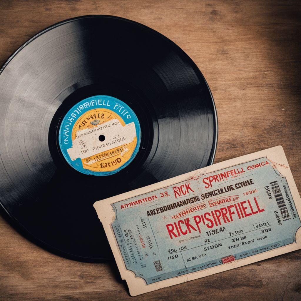 A vintage concert ticket and Rick Springfield vinyl record on a music-themed background.