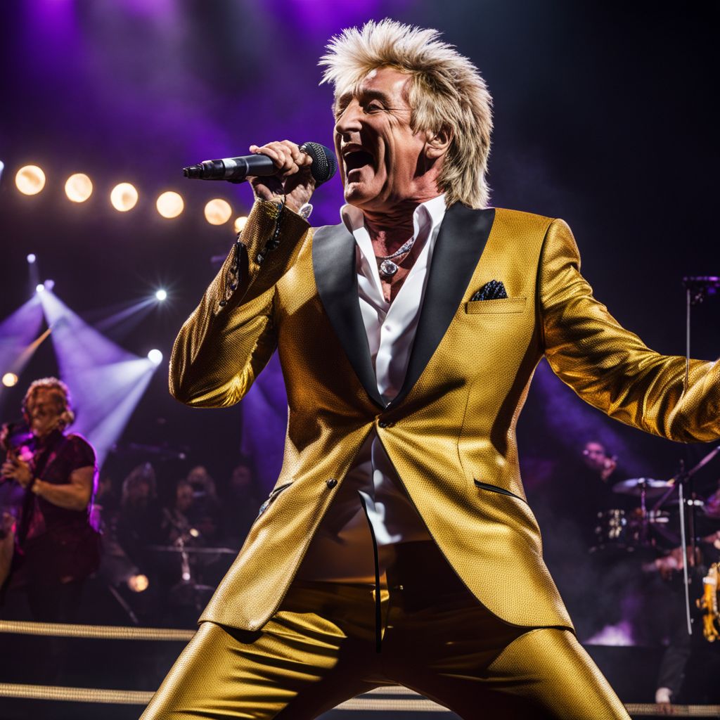 Rod Stewart performing to adoring fans on a grand stage with lively atmosphere.