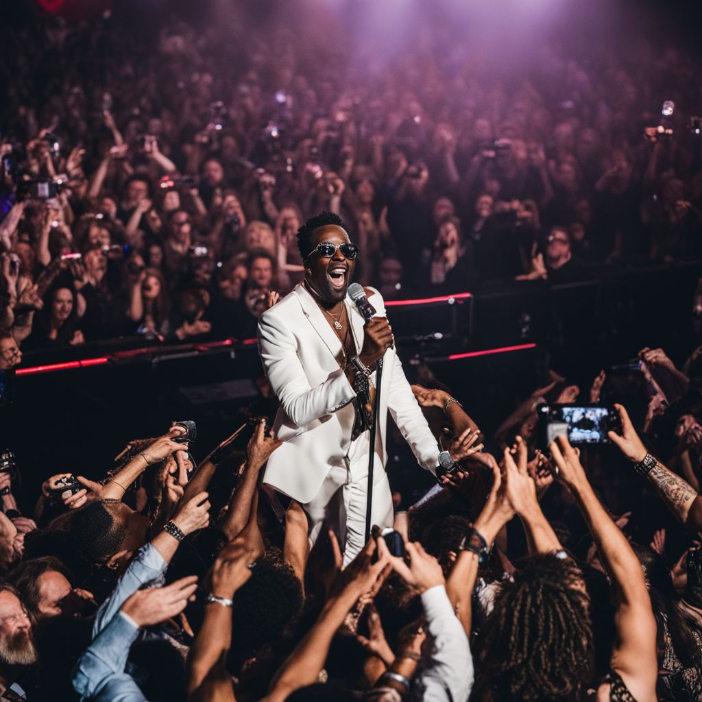 Iconic musician performing on stage surrounded by enthusiastic fans.