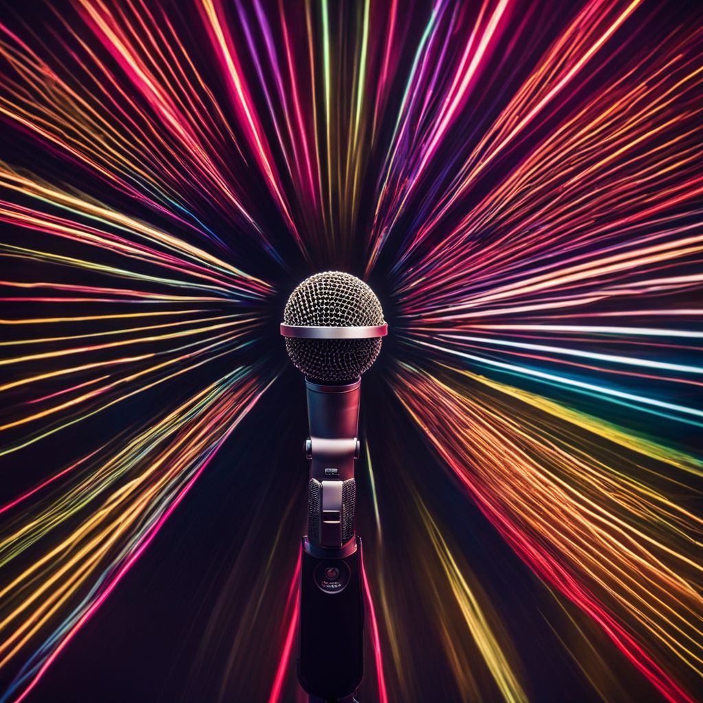 A vintage microphone on stage with colorful spotlights and a bustling atmosphere.