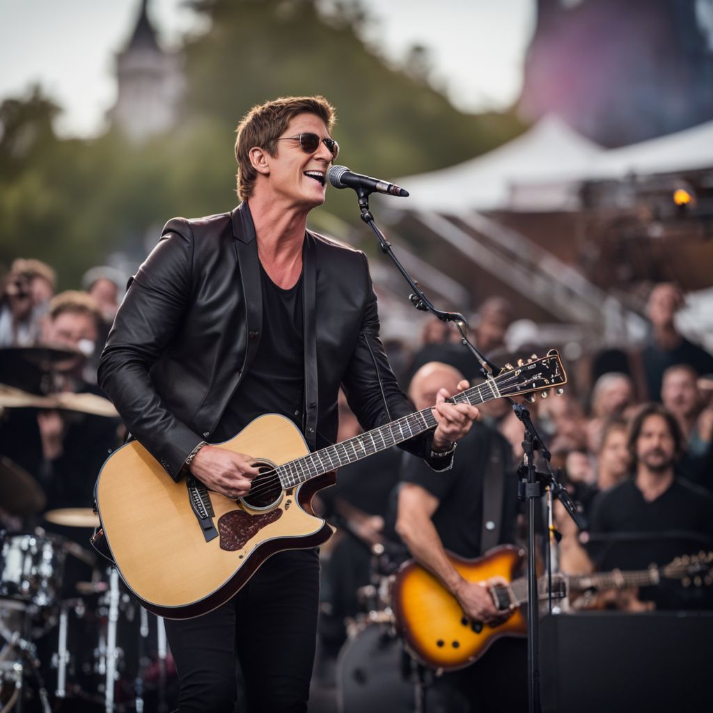 Rob Thomas performing at a lively outdoor concert venue with energetic crowd.