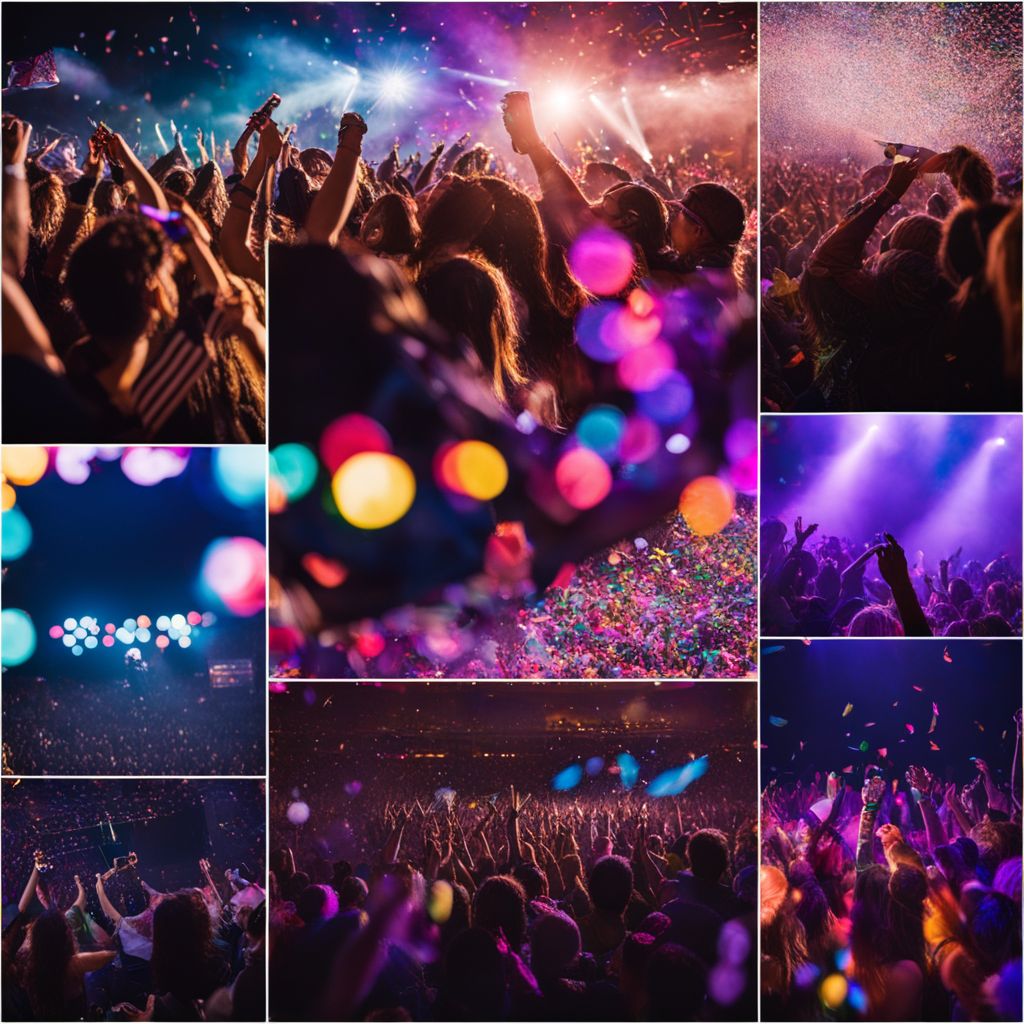 A crowd of fans cheering at a concert with colorful lights.