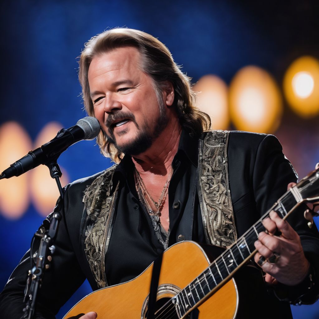 Travis Tritt performing at a country music festival under the stars.