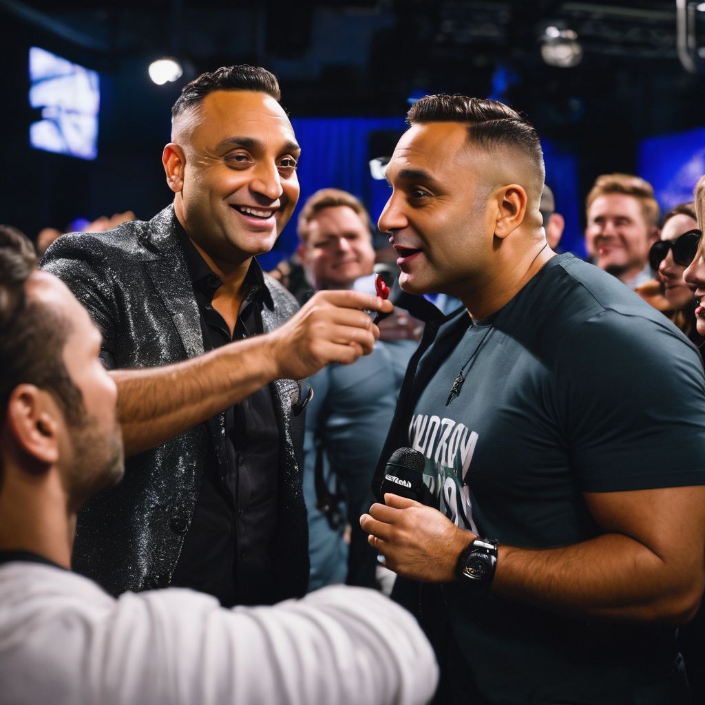 Russell Peters interacting with diverse fans backstage in a bustling atmosphere.