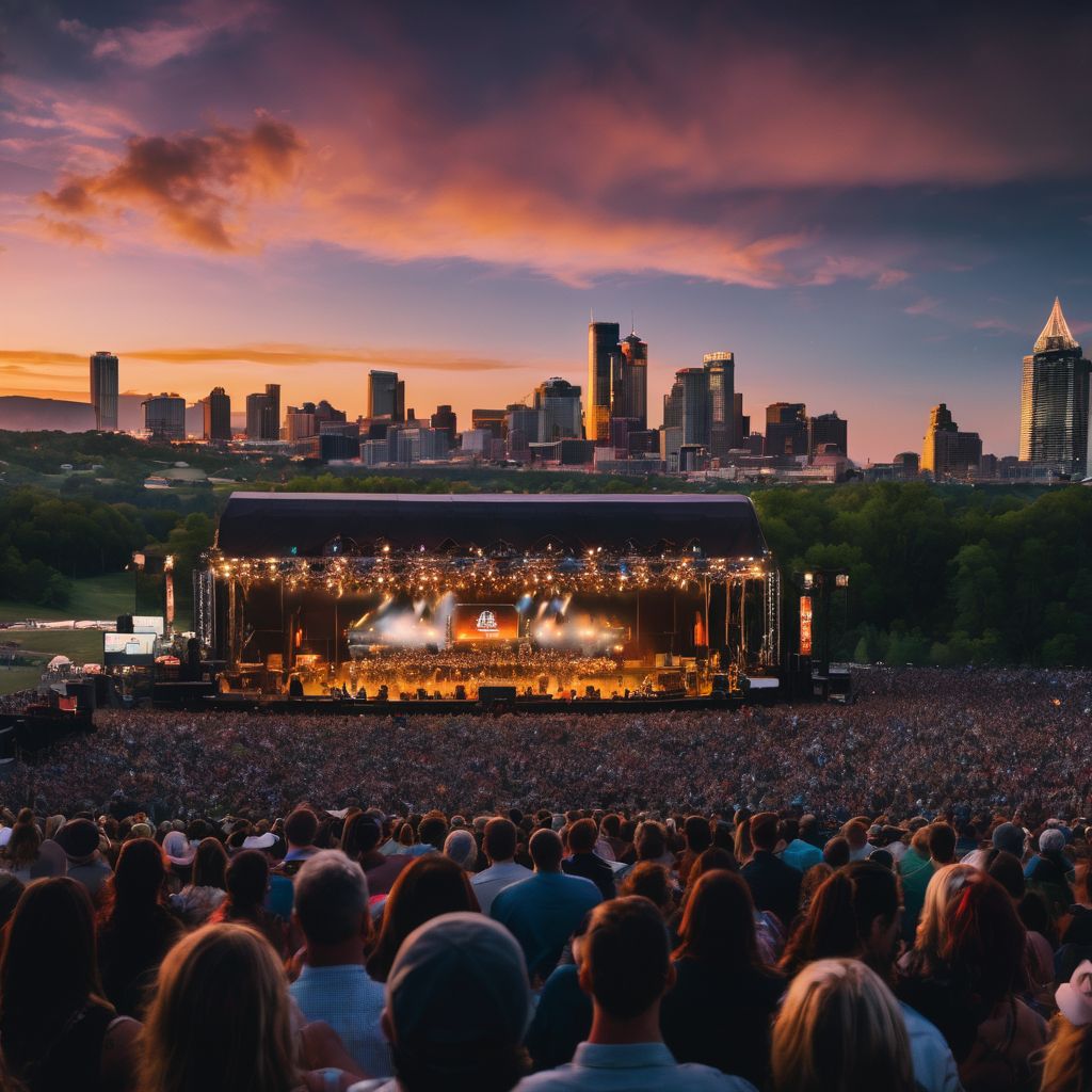 A crowded outdoor country music concert with a vibrant atmosphere.