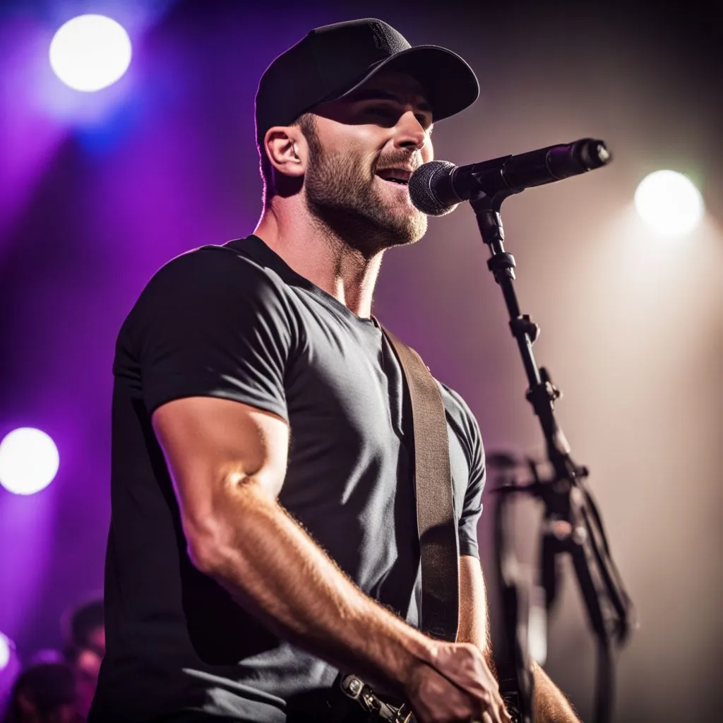 A photo of Sam Hunt performing at a music concert.