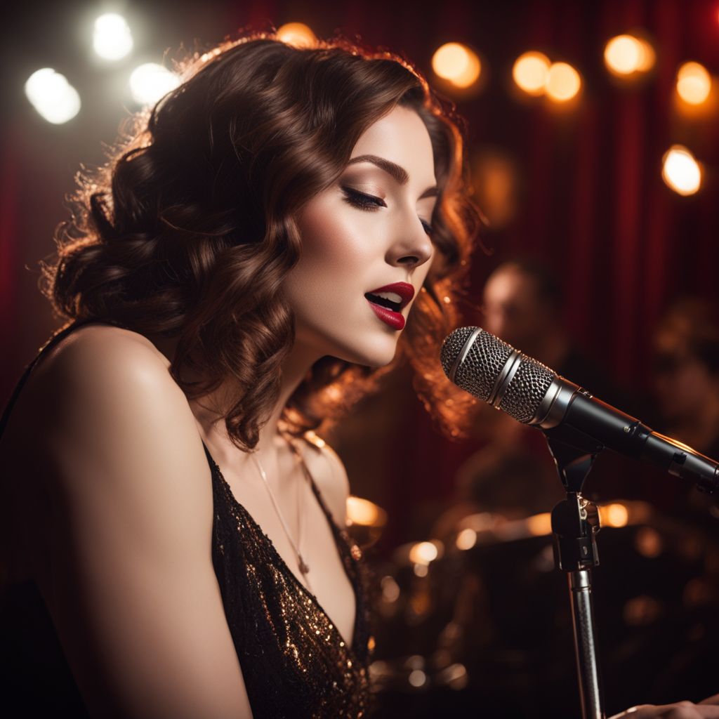 Samara Joy sings surrounded by vintage jazz instruments in a studio.