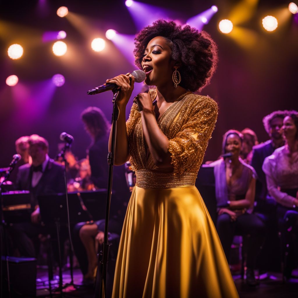 An elegant jazz singer performing on stage with a mesmerized audience.