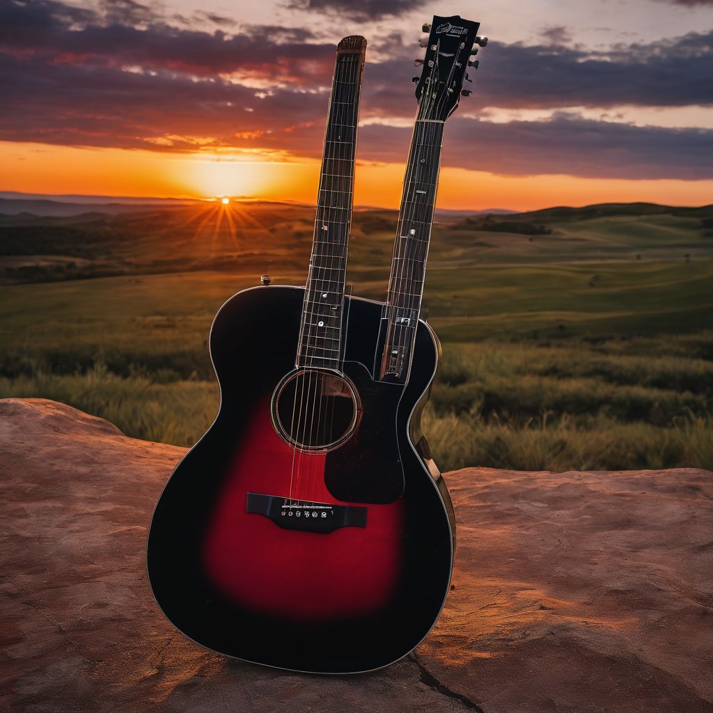 The silhouette of a guitar against a vibrant sunset backdrop.