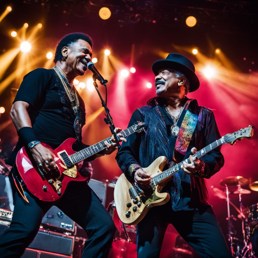 Santana and DMC performing onstage with vibrant city lights in the background.
