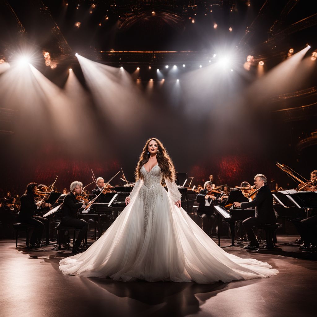 Sarah Brightman performing on opera stage surrounded by orchestral musicians.