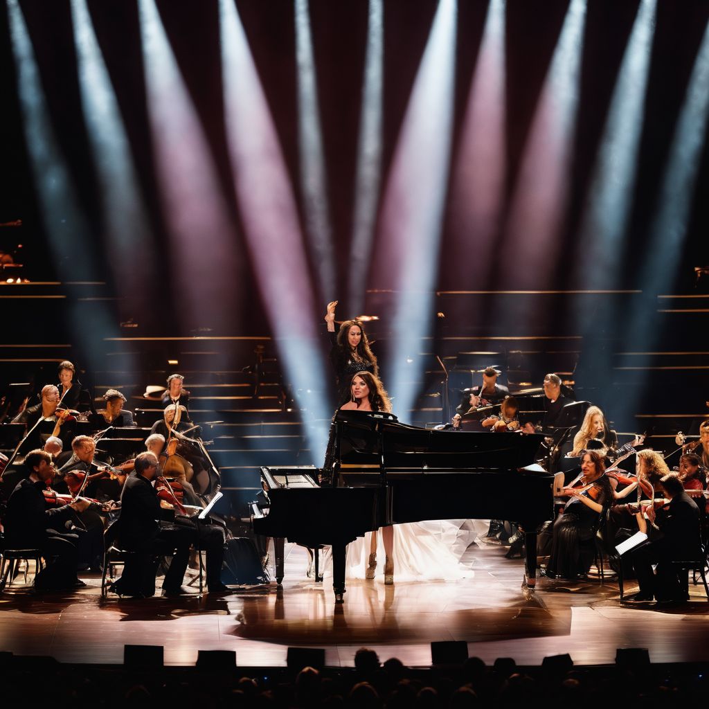 Sarah Brightman performing on stage with a symphony orchestra in the background.