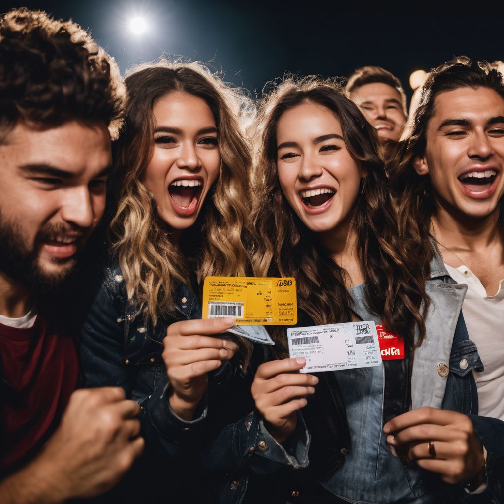 A group of friends excitedly holding their concert tickets in a bustling atmosphere.