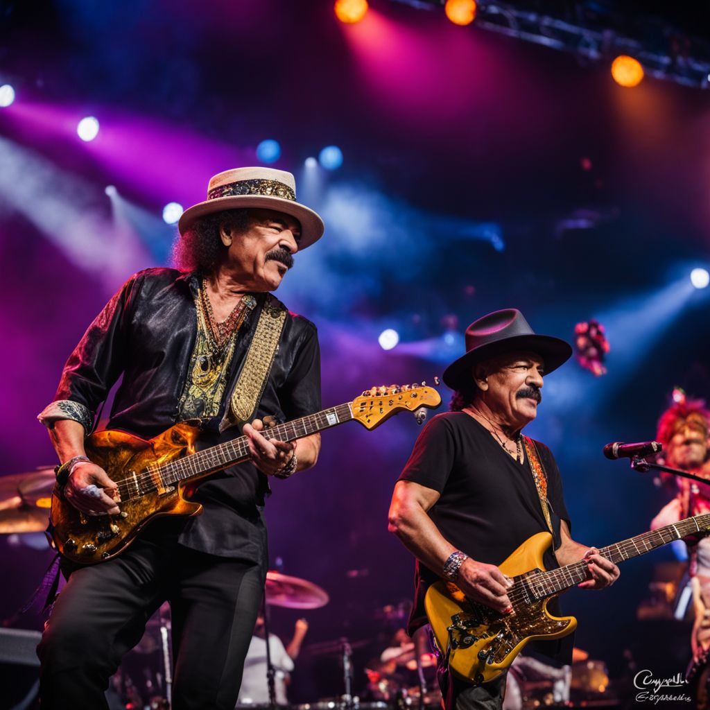 Carlos Santana performing with legendary artists at a vibrant music festival.