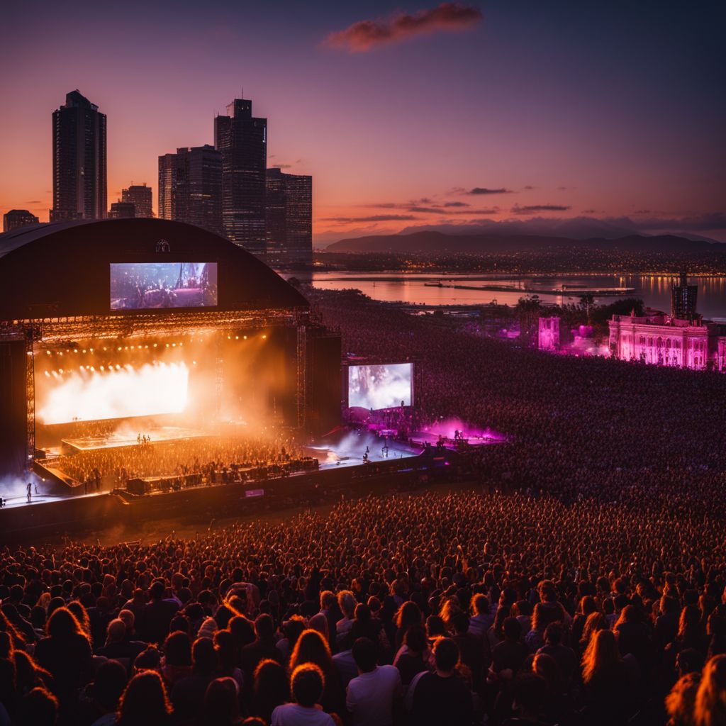 A vibrant concert venue filled with a diverse crowd at sunset.