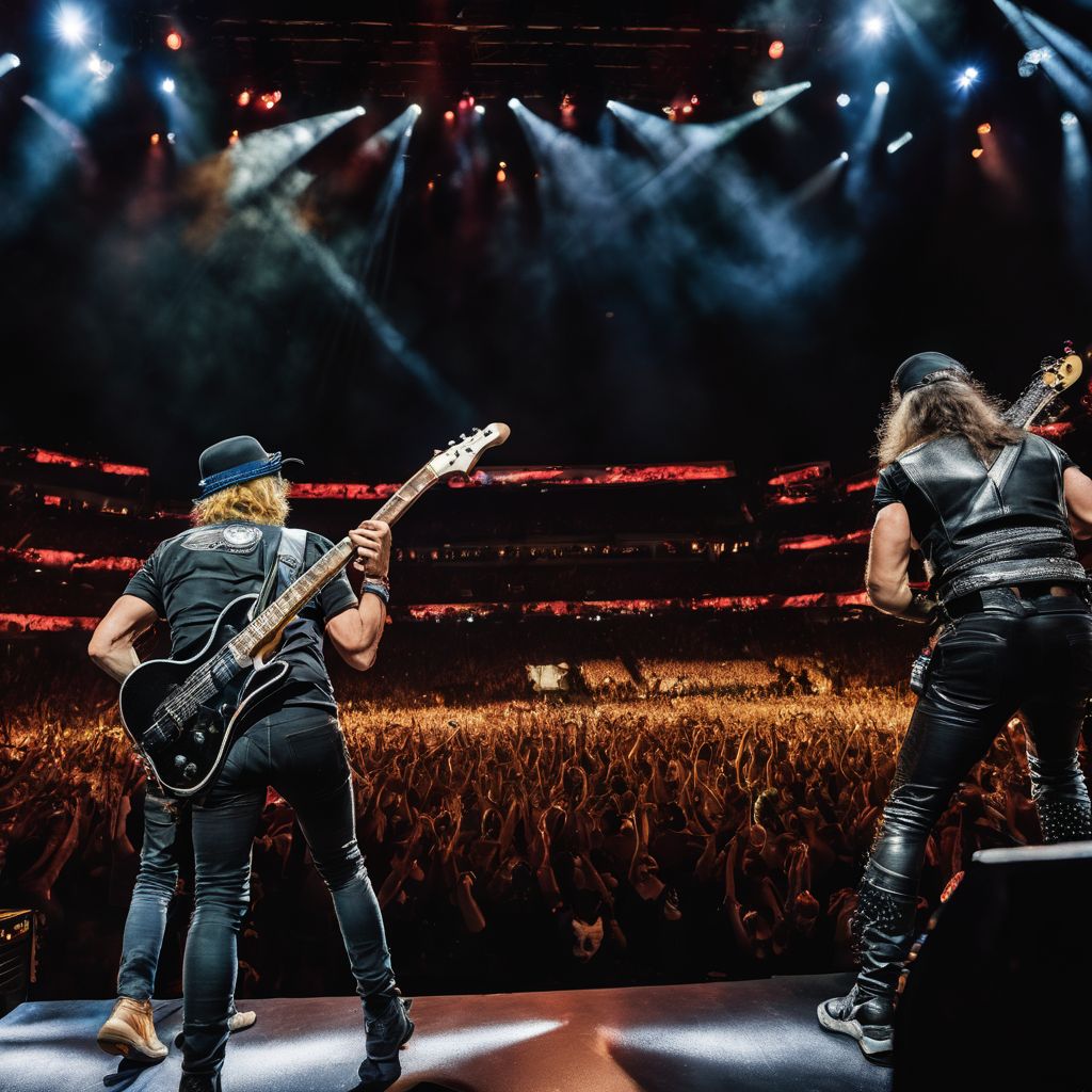 Scorpions band performing live on stage with energetic crowd.