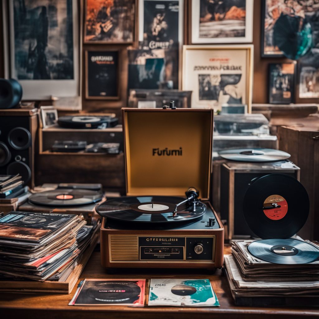 A vintage record player surrounded by vinyl records and concert posters.